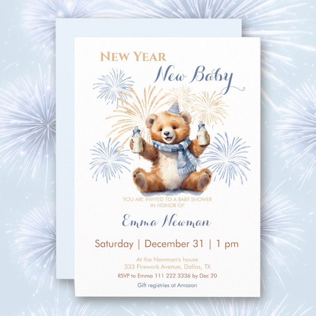 Convite para Chá de fraldas de Garoto de Urso Just (New Year Cute Bear Boy Baby Shower Invitation)