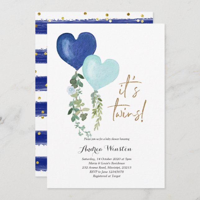 Convite para Chá de fraldas de Garoto Gêmeo Balão (Frente/Verso)