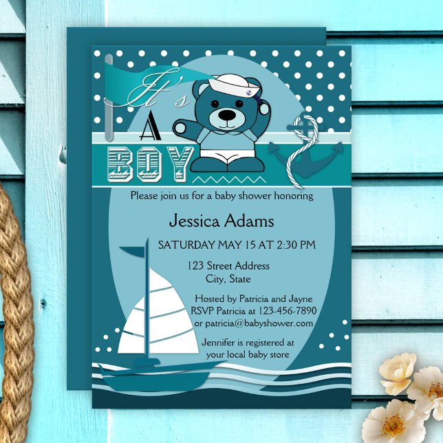 Convite para Chá de fraldas de Garoto Náutico Teal (It's a BOY nautical theme baby shower invitation featuring a teddy bear sailor on a sailboat in teal)