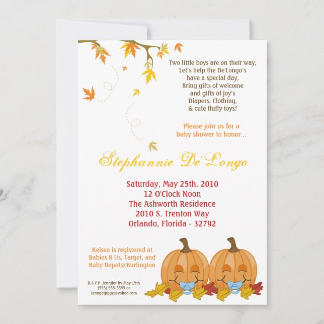 Convite para Chá de fraldas de Garoto TWIN 5x7 (Frente)