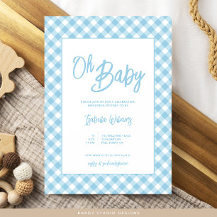 Convite para Chá de fraldas de Gingham Azul Modern