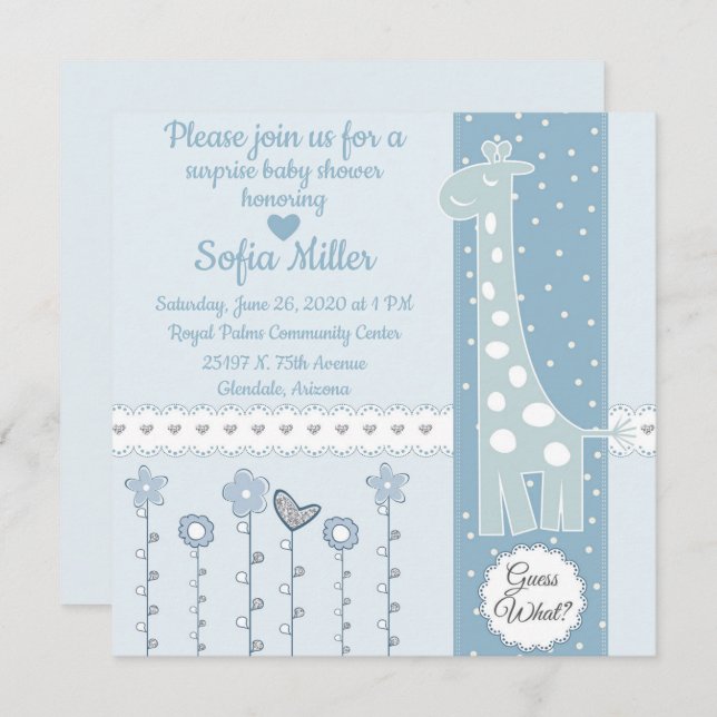 Convite para Chá de fraldas de Girafa Azul (Frente/Verso)