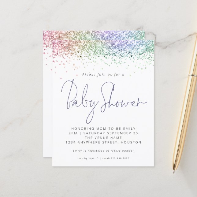 Convite para Chá de fraldas de Glitter MultiCor de (Frente/Verso In Situ)