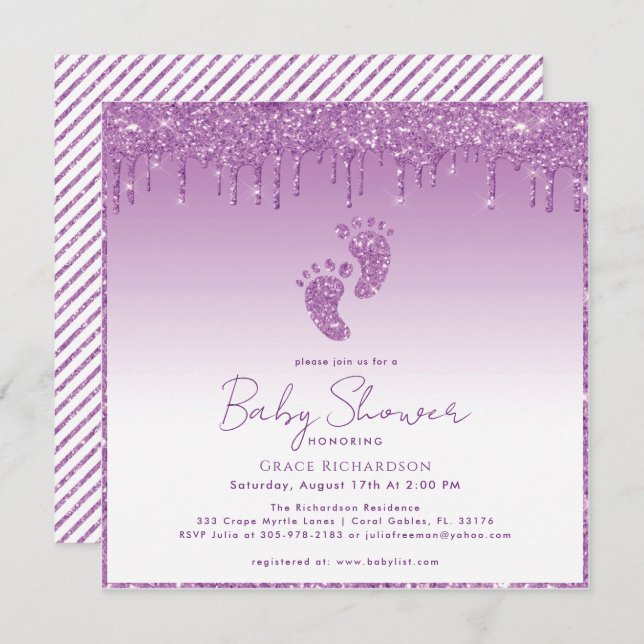 Convite para Chá de fraldas de Glitter Roxo (Frente/Verso)