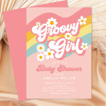 Convite para Chá de fraldas de Groovy Girl<br><div class="desc">Oh Baby Retro Chá de fraldas Invitation com fundo boho,  flores margaridas dispersas,  arco-íris,  e as palavras "groovy girl" na fonte do rancho 70. Sacudir nosso doce convite para ver um azul de volta.</div>