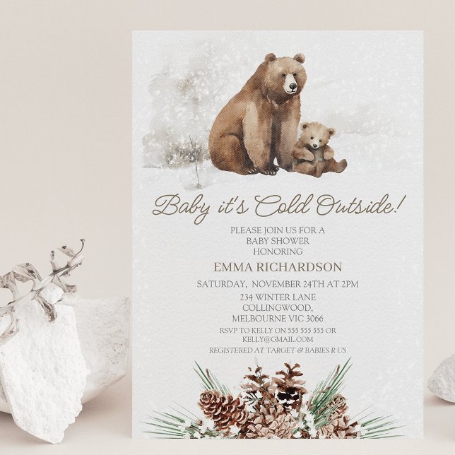 Convite para Chá de fraldas de inverno para o urso (Brown bear and cub baby it's cold out there baby shower invitation great for a gender neutral shower)