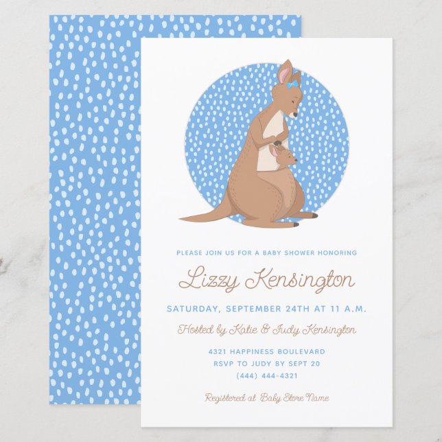 Convite para Chá de fraldas de Kangaroo Boy Azul-O (Frente/Verso)