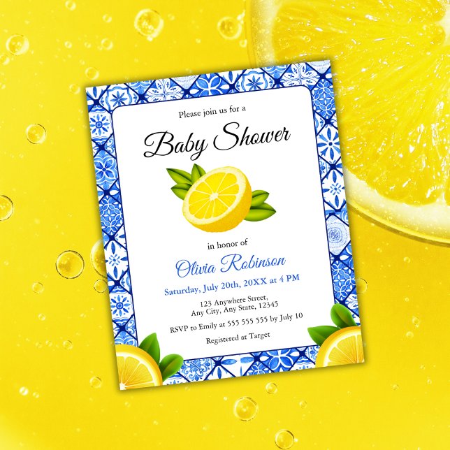 Convite para Chá de fraldas de Limão Azul-Azulejo  (Budget Italian Blue Tile Positano Lemon Baby Shower Invitation )