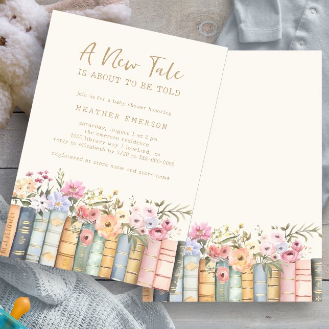 Convite para Chá de fraldas de Livros de Bibliotec (Floral Library Books Baby Shower Invitation by Painted Paperie
)