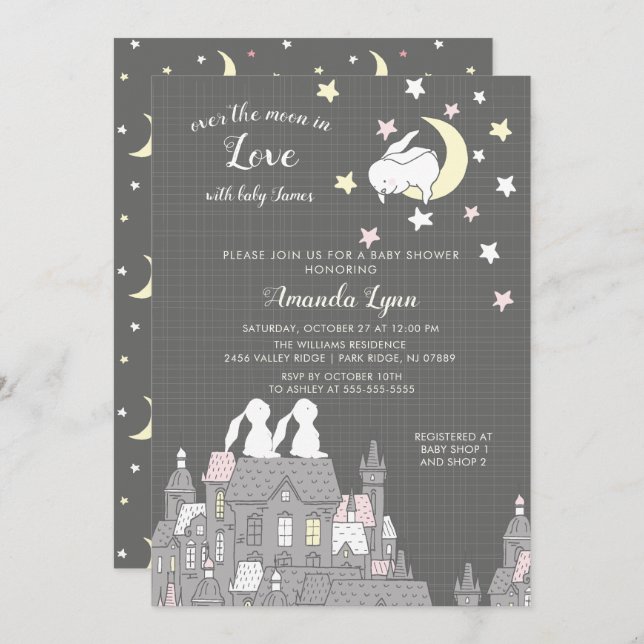 Convite para Chá de fraldas de lua de amor coelho  (Frente/Verso)