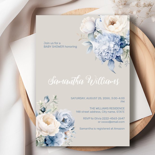 Convite para chá de fraldas de menina floral de ma (Dusty blue watercolor flowers peonies rustic gender neutral baby shower invitation )