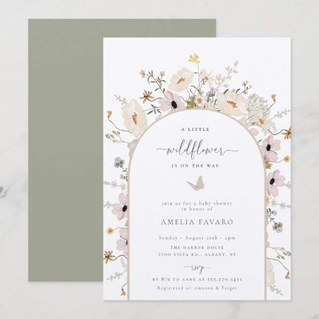 Convite para Chá de fraldas de Moldura de Flor Sel (Frente/Verso)