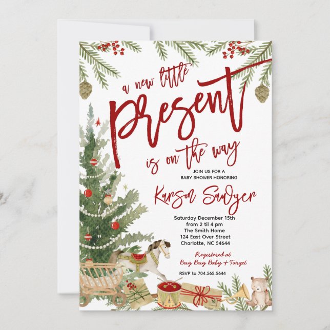 Convite para Chá de fraldas de Natal, Novo Present (Frente)
