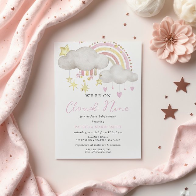 Convite para Chá de fraldas de Nine Rapariga do Or (Budget Cloud Nine Girl Baby Shower Invitation)