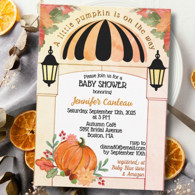 Convite para Chá de fraldas de outono de Abóbora (Autumn, Fall Baby Shower Invitation with Pumpkin)