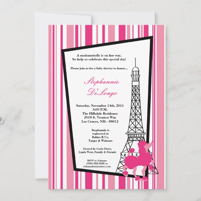 Convite para Chá de fraldas de Paris Girly Pink Po (Frente)