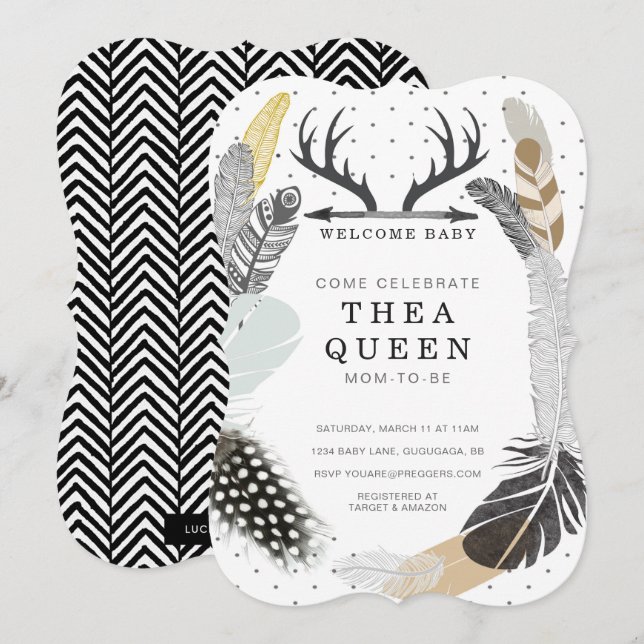 Convite para Chá de fraldas de pena Black Boho (Frente/Verso)