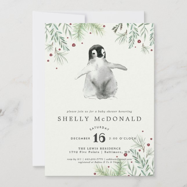 Convite para Chá de fraldas de Pinguim Inverno (Frente)