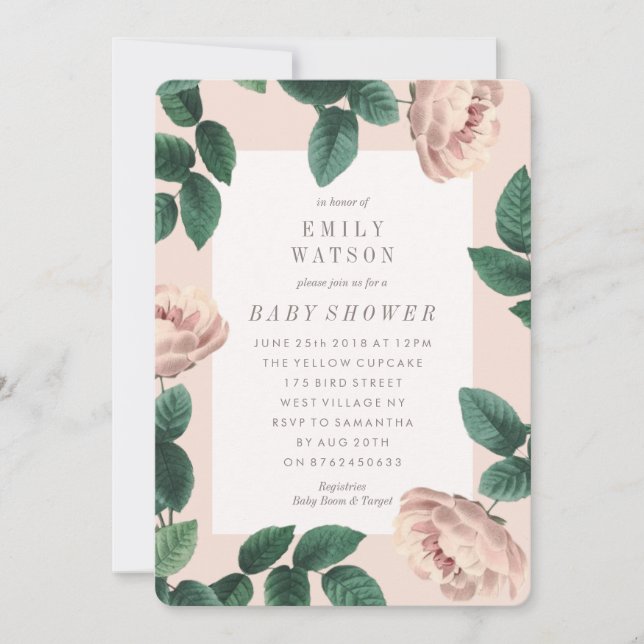 Convite para Chá de fraldas de Quadro de Flor Rosa (Frente)