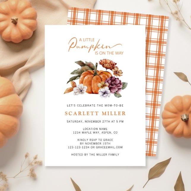 Convite para Chá de fraldas de queda de abóbora (A Little Pumpkin Is On The Way Baby Shower Invitation Fall Autumn Watercolor Floral)