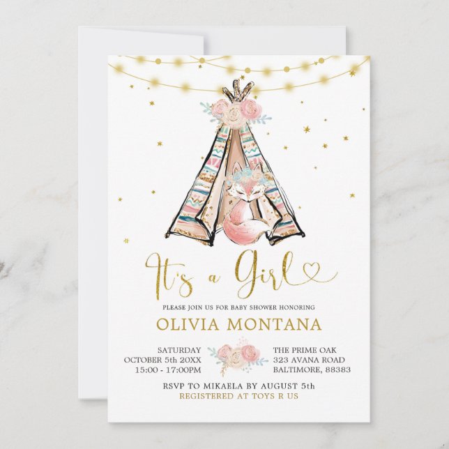 Convite para Chá de fraldas de Raposa Floral Rosa  (Frente)