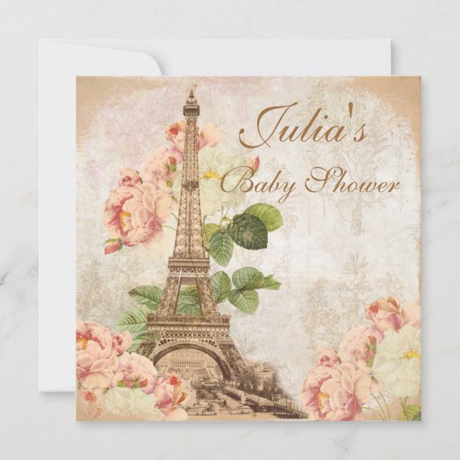 Convite para Chá de fraldas de Rosas Rosa de Paris (Frente)