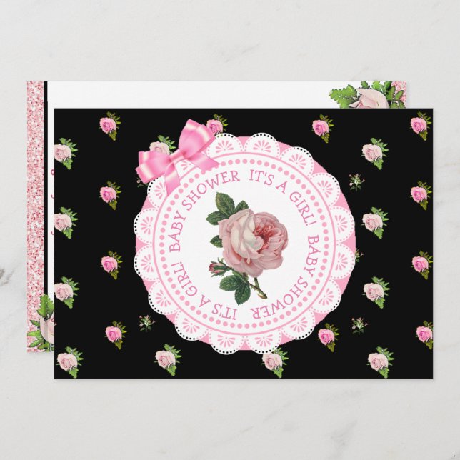 Convite para Chá de fraldas de Rosas Rosa e Negra (Frente/Verso)