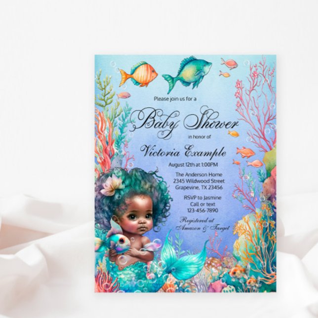 Convite para Chá de fraldas de Sereia Africano (Cute mermaid postcard baby shower invitation. )