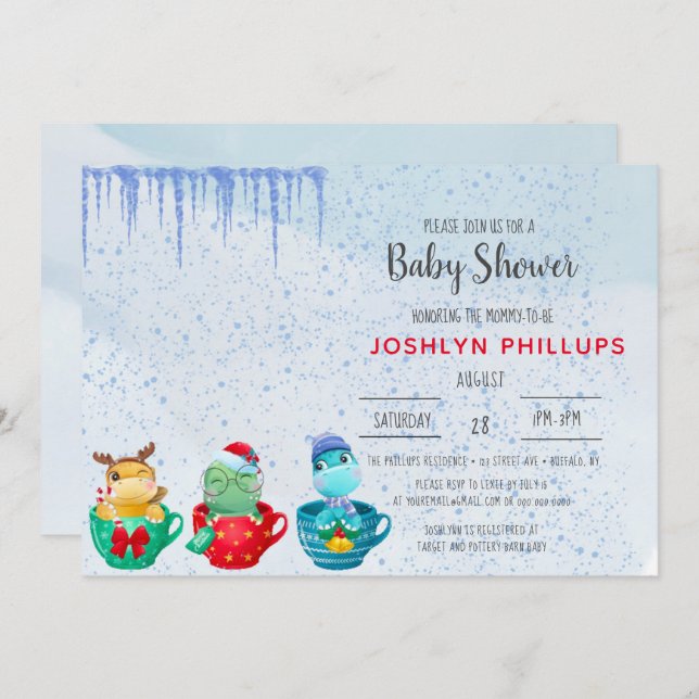 Convite para Chá de fraldas de Teacup de Dinossaur (Frente/Verso)
