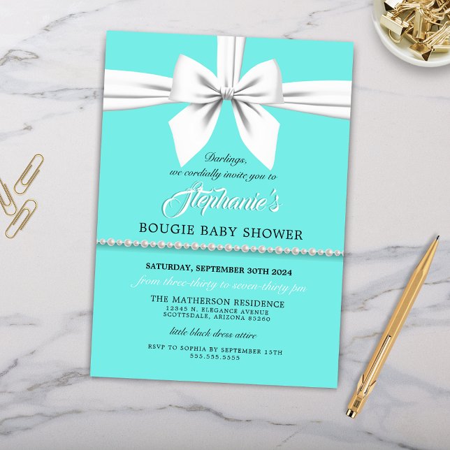 Convite para Chá de fraldas de Tiffany Elegante do (Aqua Tiffany Theme Elegant Baby Shower Invitations with Pearls and White Bow)