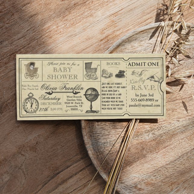 Convite para Chá de fraldas de Tíquete Vintage (Vintage ticket wedding invitation with globe carriage clock)