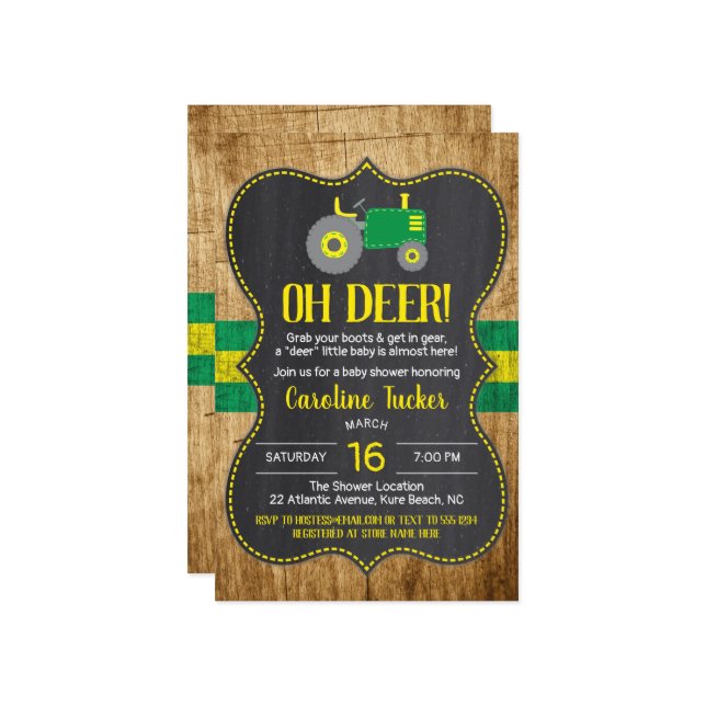 Convite para Chá de fraldas de Trator Amarelo Verd (Frente/Verso In Situ)