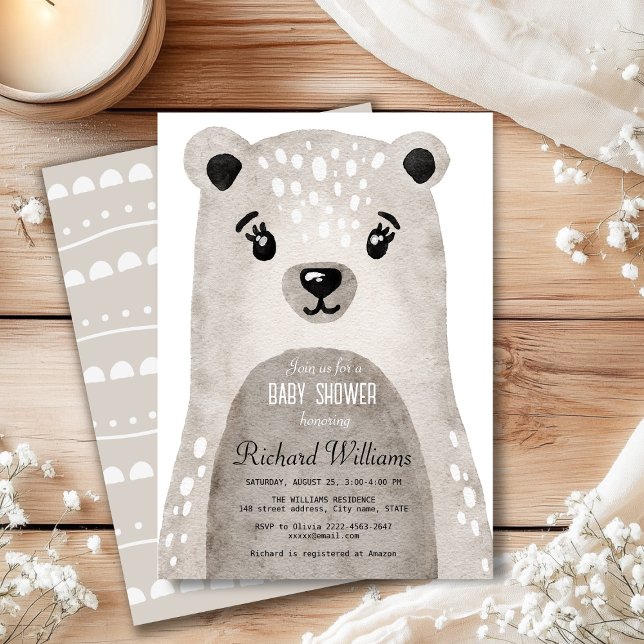 Convite para chá de fraldas de um urso de aquarela (Cute beige watercolor boho bear baby shower invitation)