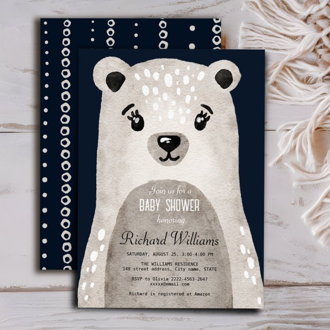Convite para chá de fraldas de um urso de aquarela (Cute bear baby shower minimalistic navy blue invitation )
