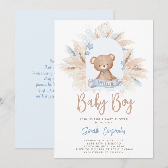 Convite para Chá de fraldas de Urso Azul (Frente/Verso)