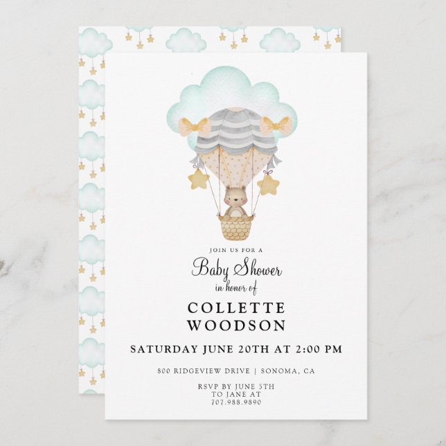 Convite para Chá de fraldas de Urso Balão de Ar Qu (Frente/Verso)