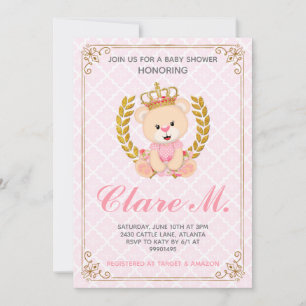 Convite para Chá de fraldas de Urso da Princesa