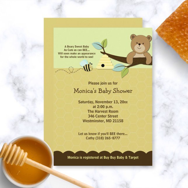 Convite para Chá de fraldas de Urso de Mel e Bumbl (Honey Bear and Bumble Bee Baby Shower Invitation)