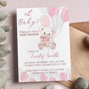 Convite para Chá de fraldas de Urso de Teddy Rosa