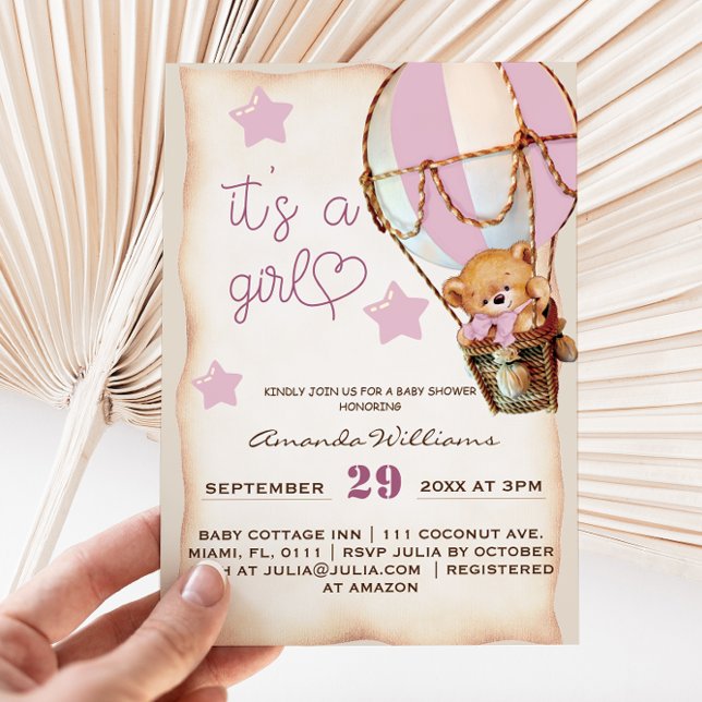 Convite para Chá de fraldas de Urso de Teddy Rosa  (Criador carregado)