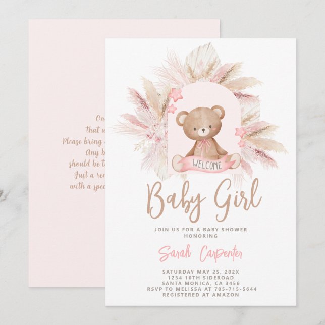 Convite para Chá de fraldas de Urso Rosa (Frente/Verso)