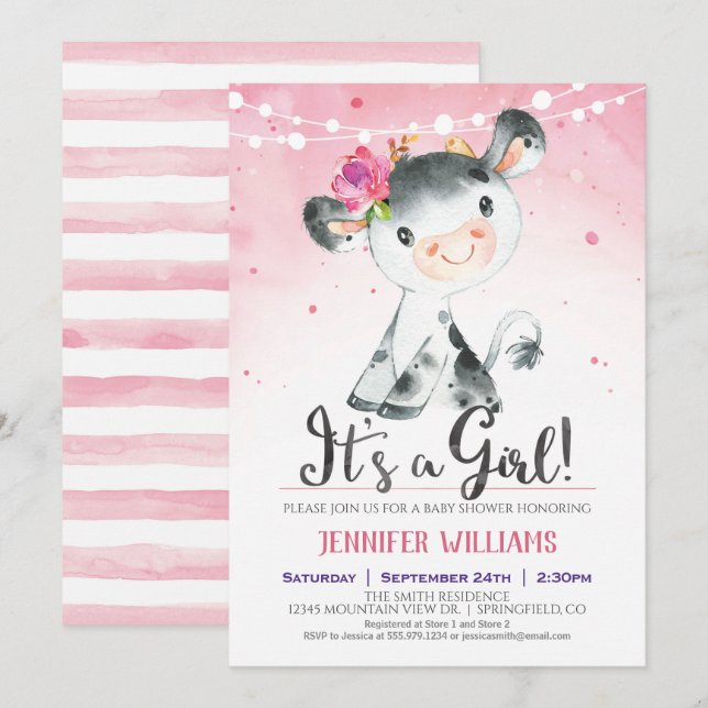 Convite para Chá de fraldas de Vaca Rosa Fazenda (Frente/Verso)