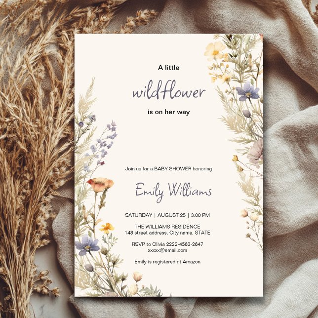 Convite para chá de fraldas de vassoura selvagem (A little wildflower elegant rustic boho watercolor baby shower invitation, baby in bloom)