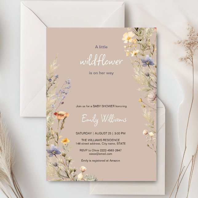 Convite para chá de fraldas de vassoura selvagem (A little wildflower elegant rustic boho watercolor baby shower invitation, baby in bloom)