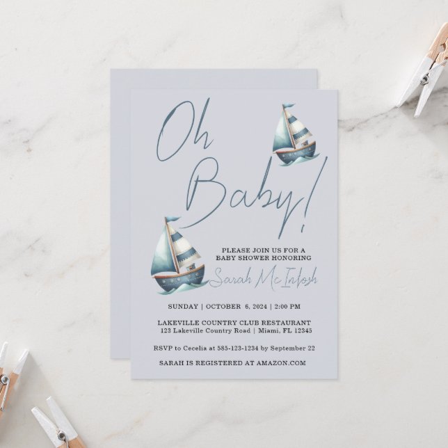 Convite para Chá de fraldas de veleiro náutico (Frente/Verso In Situ)