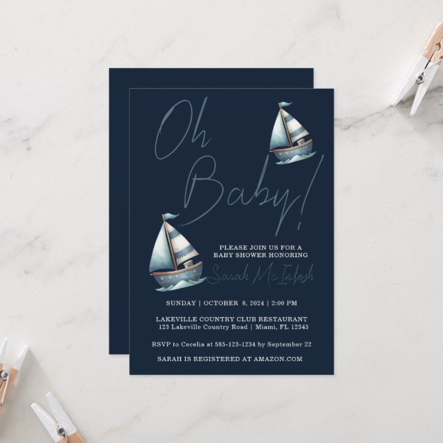 Convite para Chá de fraldas de veleiro náutico (Frente/Verso In Situ)