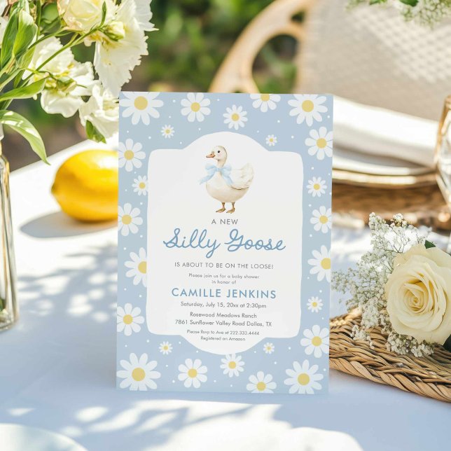 Convite para Chá de fraldas do Bobo Ganso Azul (Blue Silly Goose Boy Baby Shower Invitation)