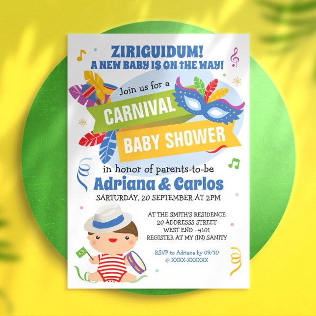 Convite para Chá de fraldas do Carnaval brasileiro ( Start your baby shower with this super colorful and full of Ziriguidum invitation.)
