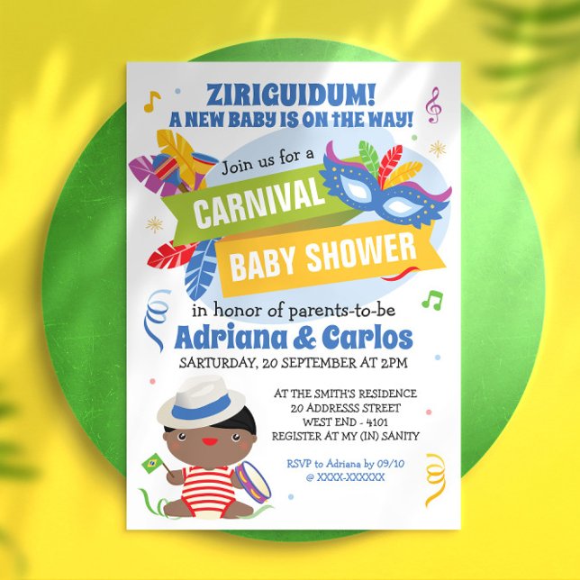 Convite para Chá de fraldas do Carnaval brasileiro ( Start your baby shower with this super colorful and full of Ziriguidum invitation.)