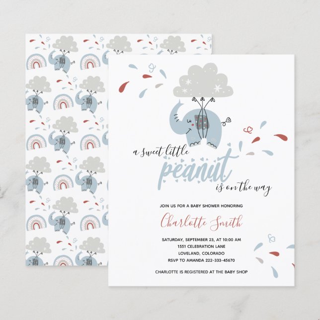 Convite para Chá de fraldas do Elefante Azul Boy (Frente/Verso)